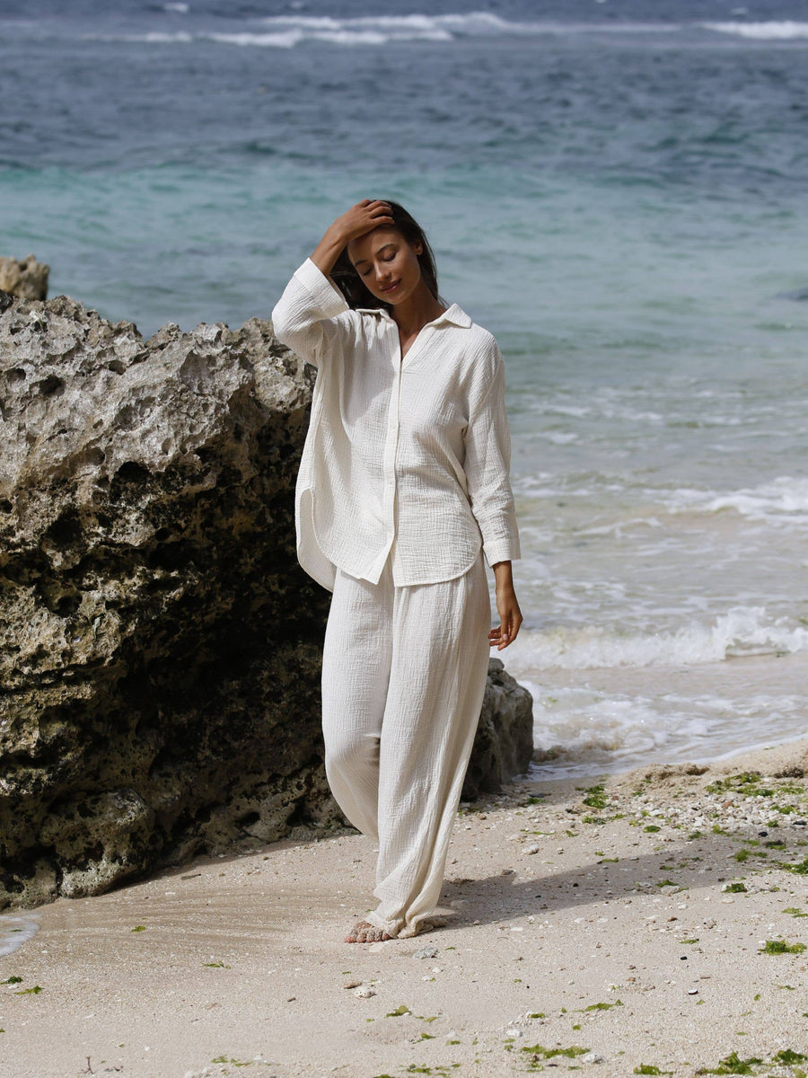 The Handloom - Echo Maxi Shirt - Natural With Gold Stripes