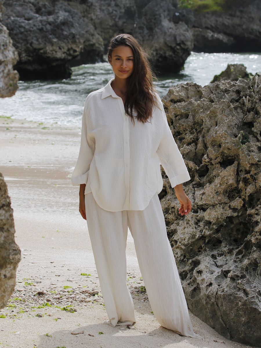 The Handloom - Echo Maxi Shirt - Natural With Gold Stripes