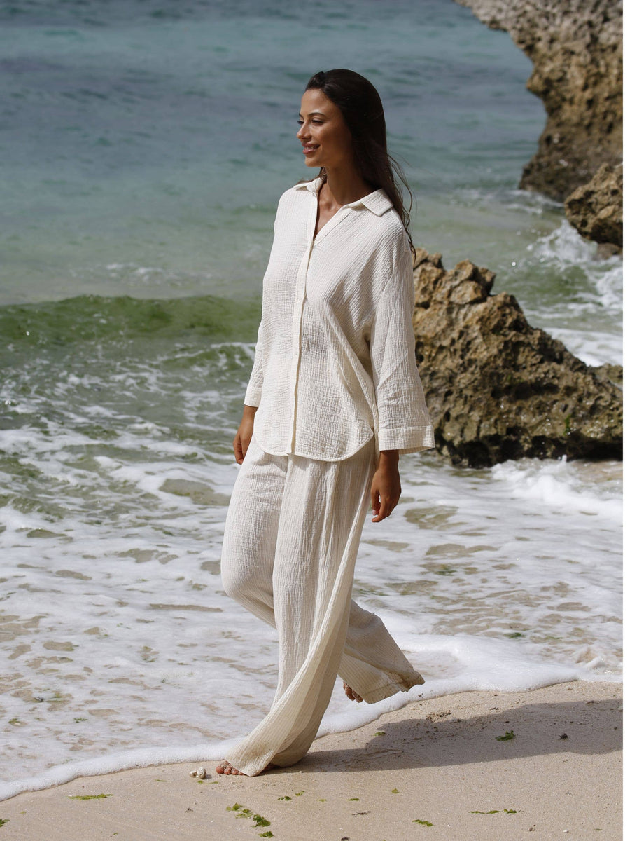 The Handloom - Echo Maxi Shirt - Natural With Gold Stripes