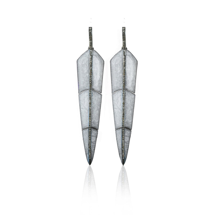 S Carter Pearl Grey Enamel Feather Earrings