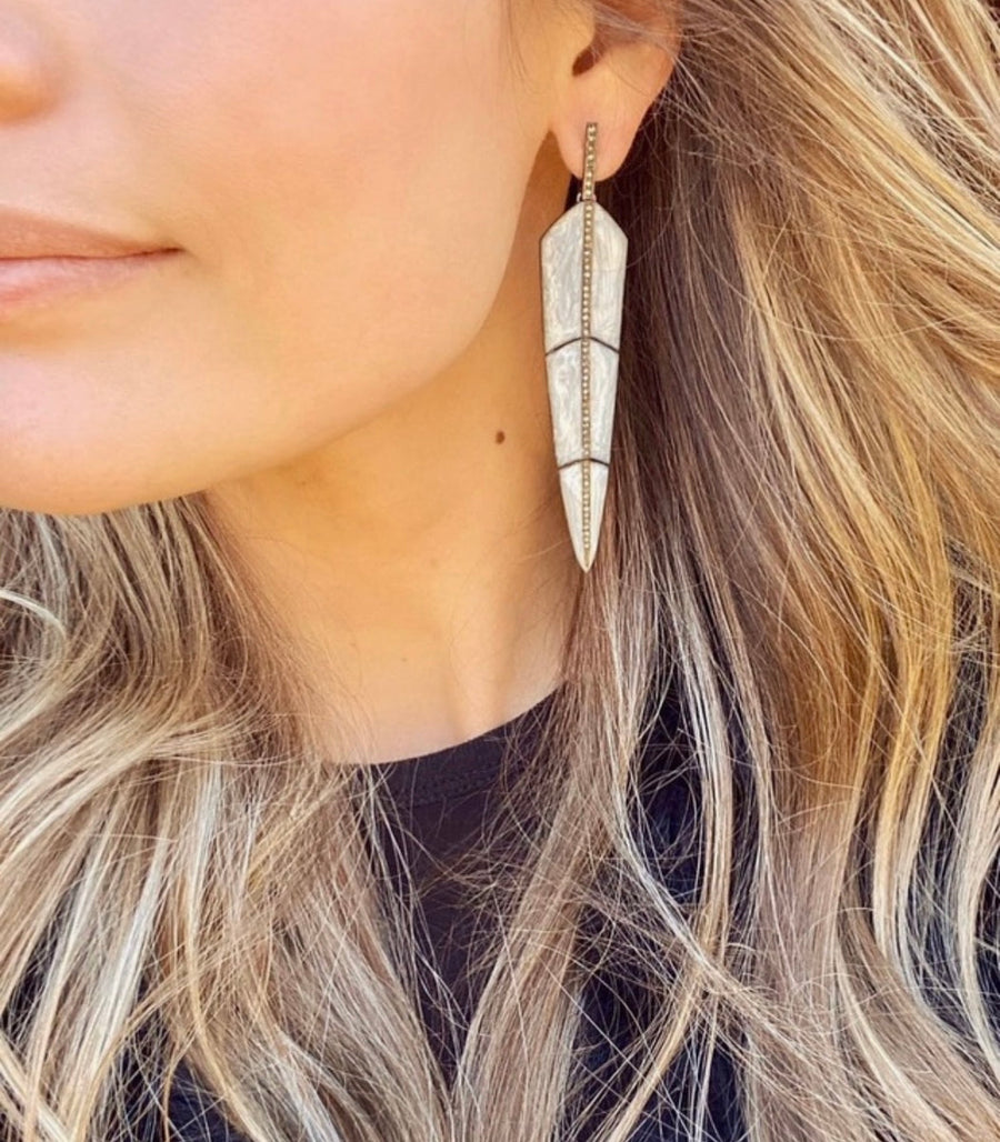 S Carter Pearl Brown Enamel Feather Earrings