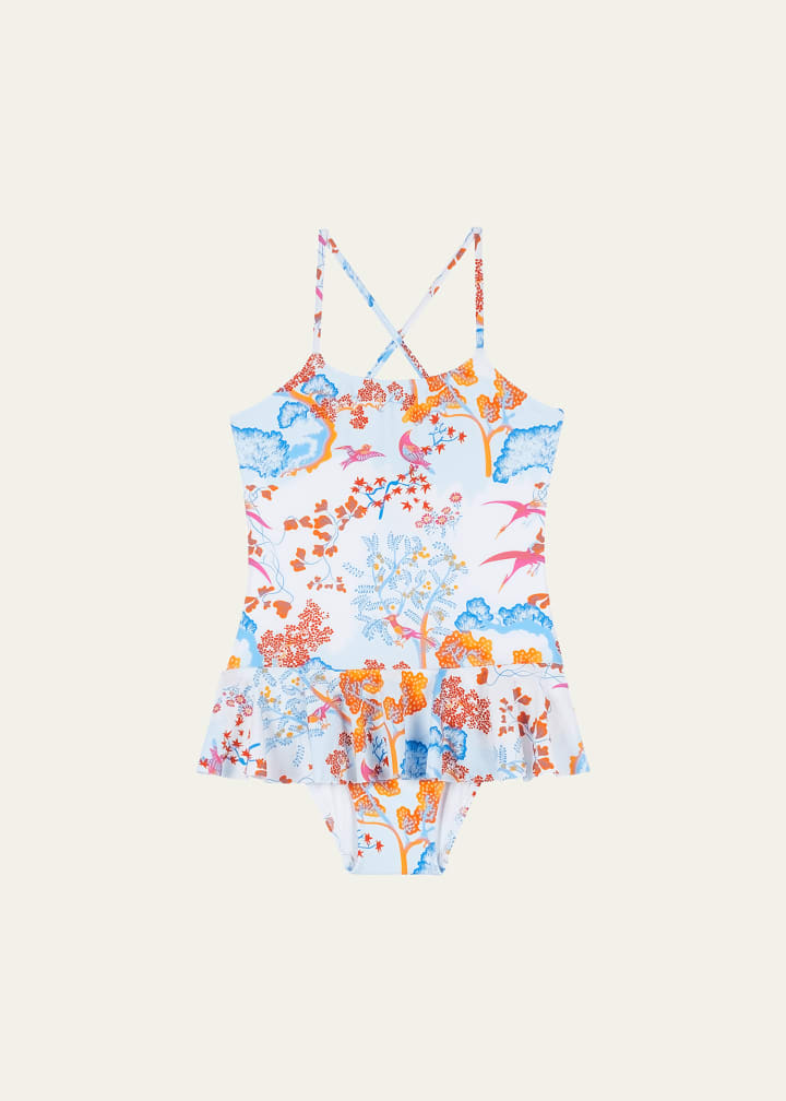 Vilebrequin Girl's Peace Trees-Print Ruffled One-Piece Swimsuit