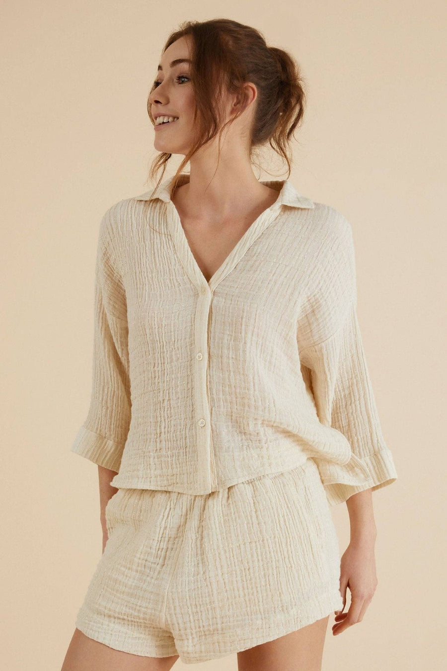 The Handloom - Echo Mini Shirt - Natural With Gold Stripes