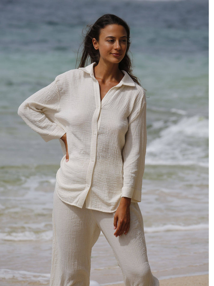 The Handloom - Echo Maxi Shirt - Natural With Gold Stripes