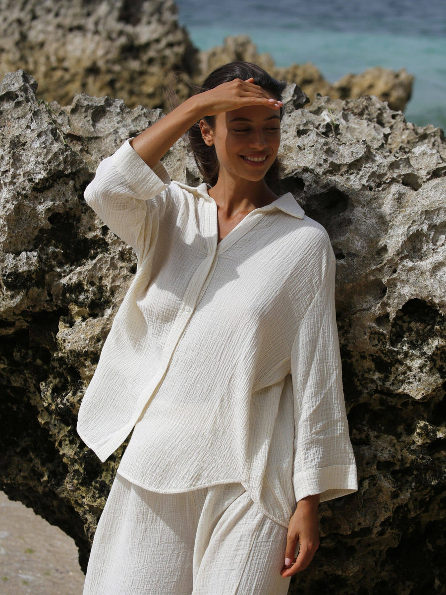 The Handloom - Echo Maxi Shirt - Natural With Gold Stripes