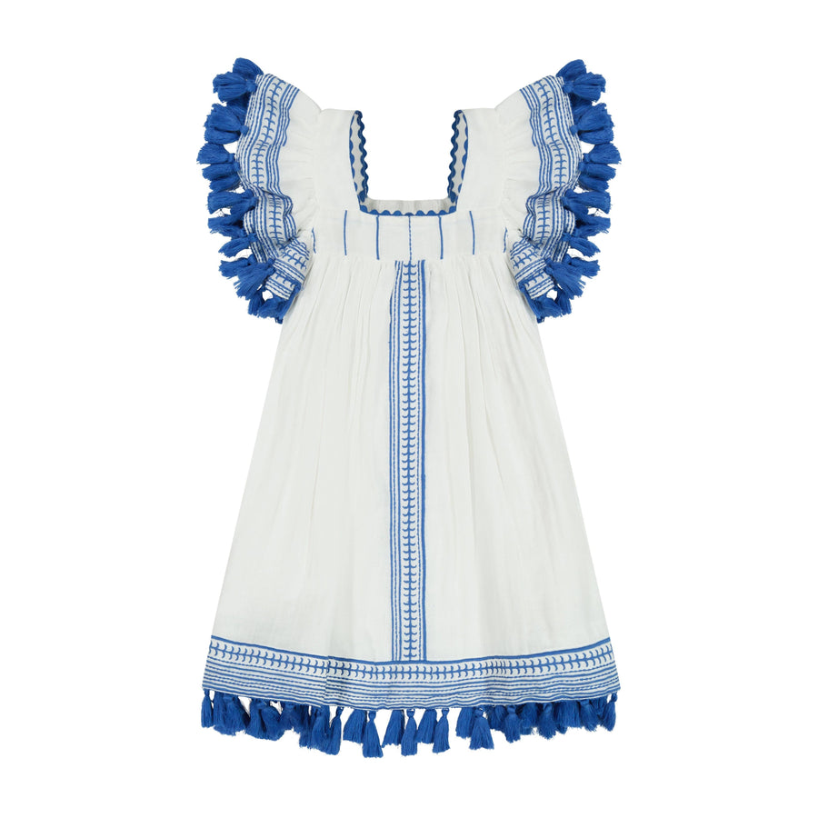 Mer St. Barth - Serena Girl's Tassel Dress White Lapis Blue Embroidery