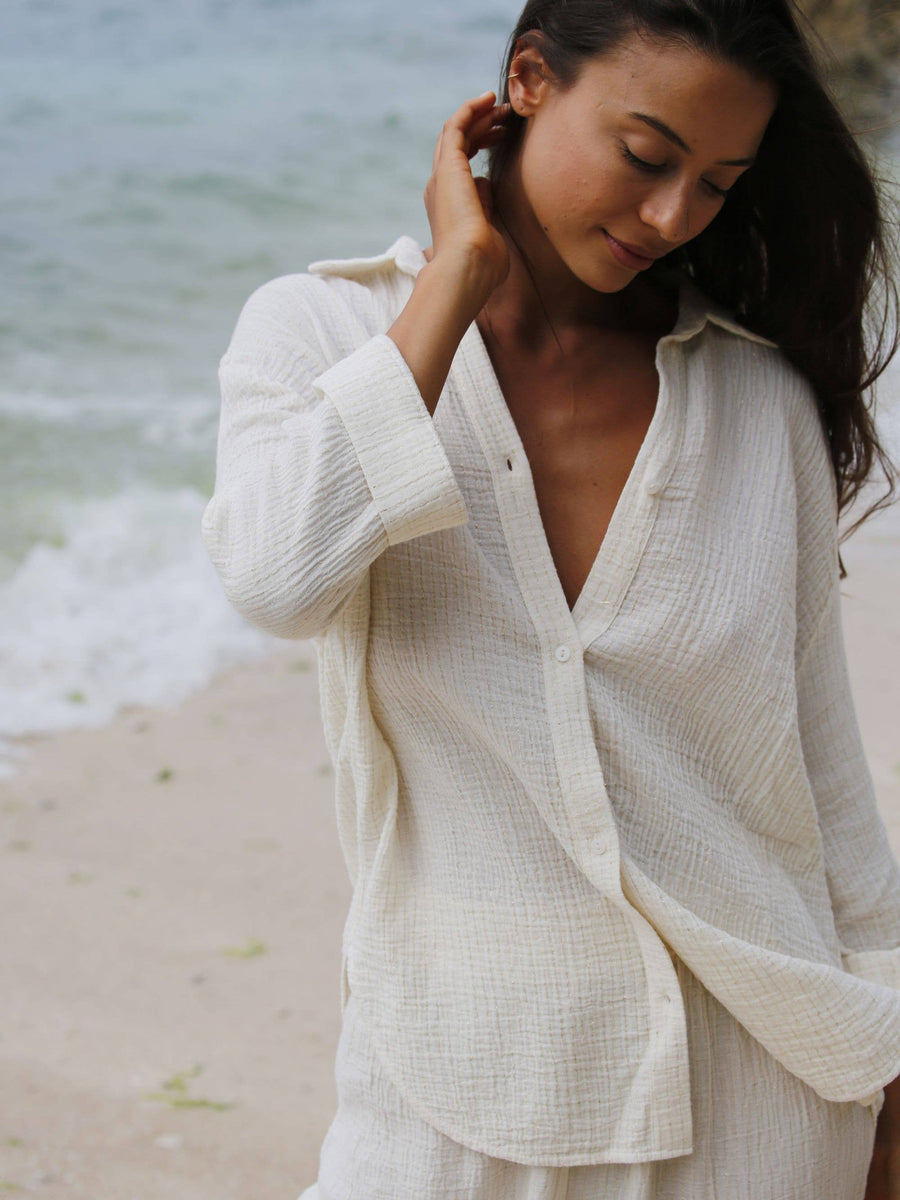 The Handloom - Echo Maxi Shirt - Natural With Gold Stripes