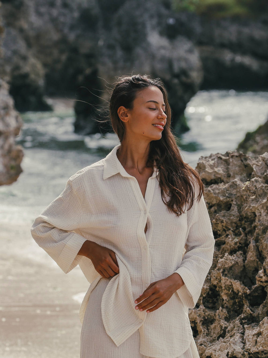 The Handloom - Echo Maxi Shirt - Natural With Gold Stripes