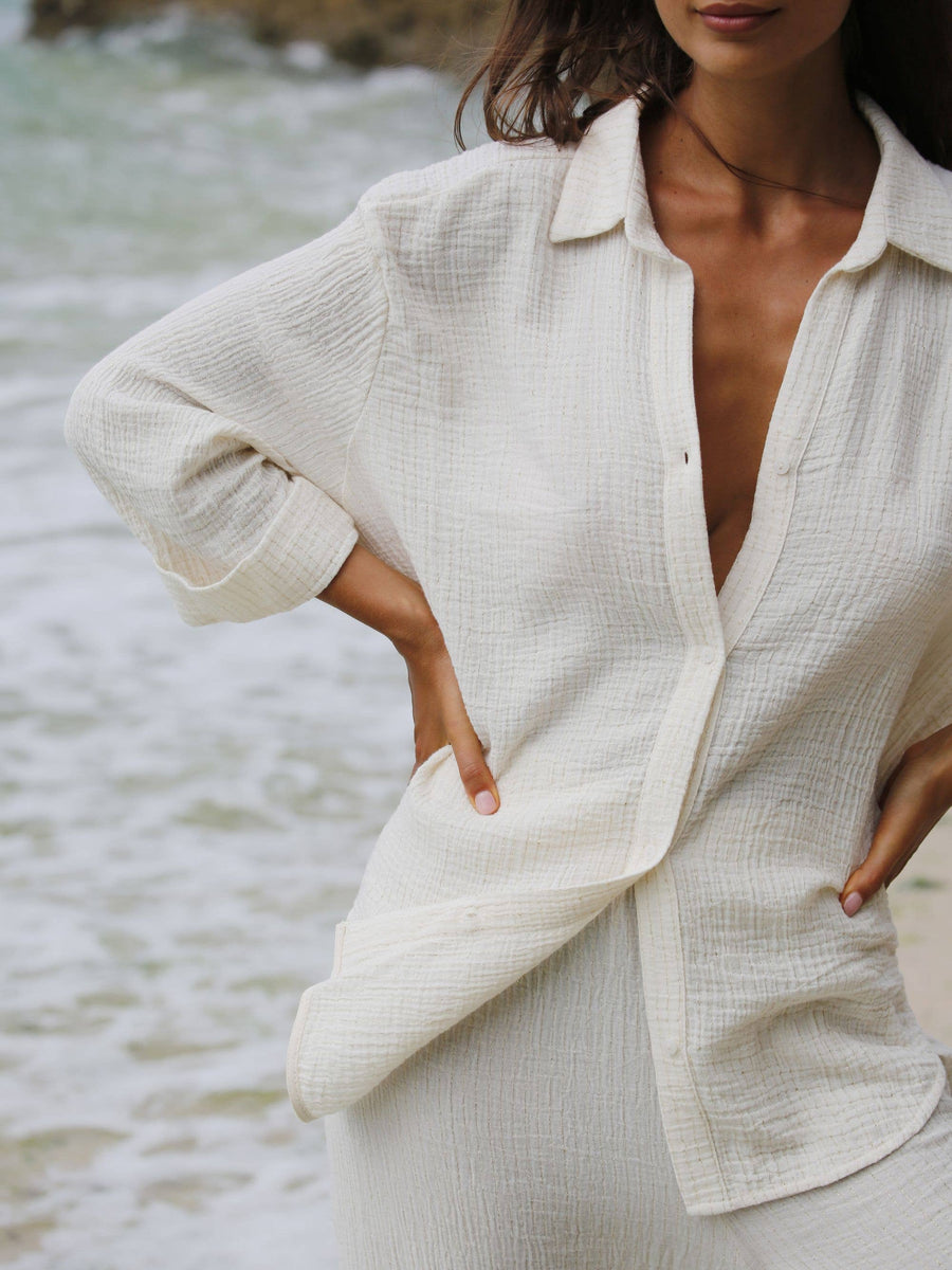 The Handloom - Echo Maxi Shirt - Natural With Gold Stripes