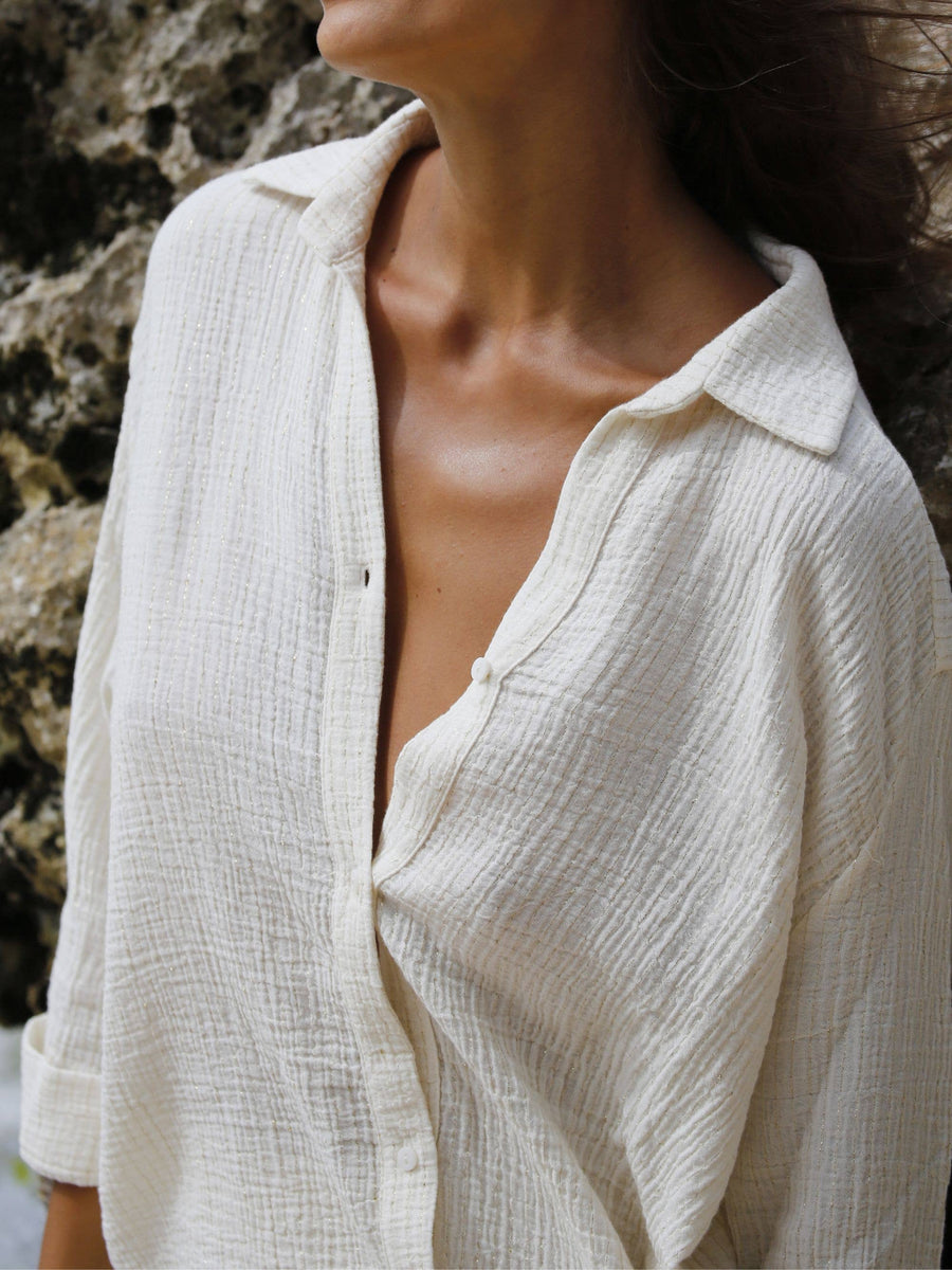 The Handloom - Echo Maxi Shirt - Natural With Gold Stripes